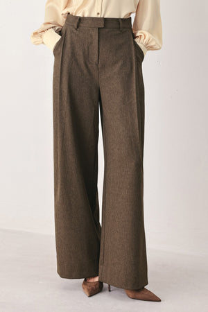 Flying Tomato Bistro Brown Woven Wide Leg Pants, showing the textured brown fabric and relaxed fit design.