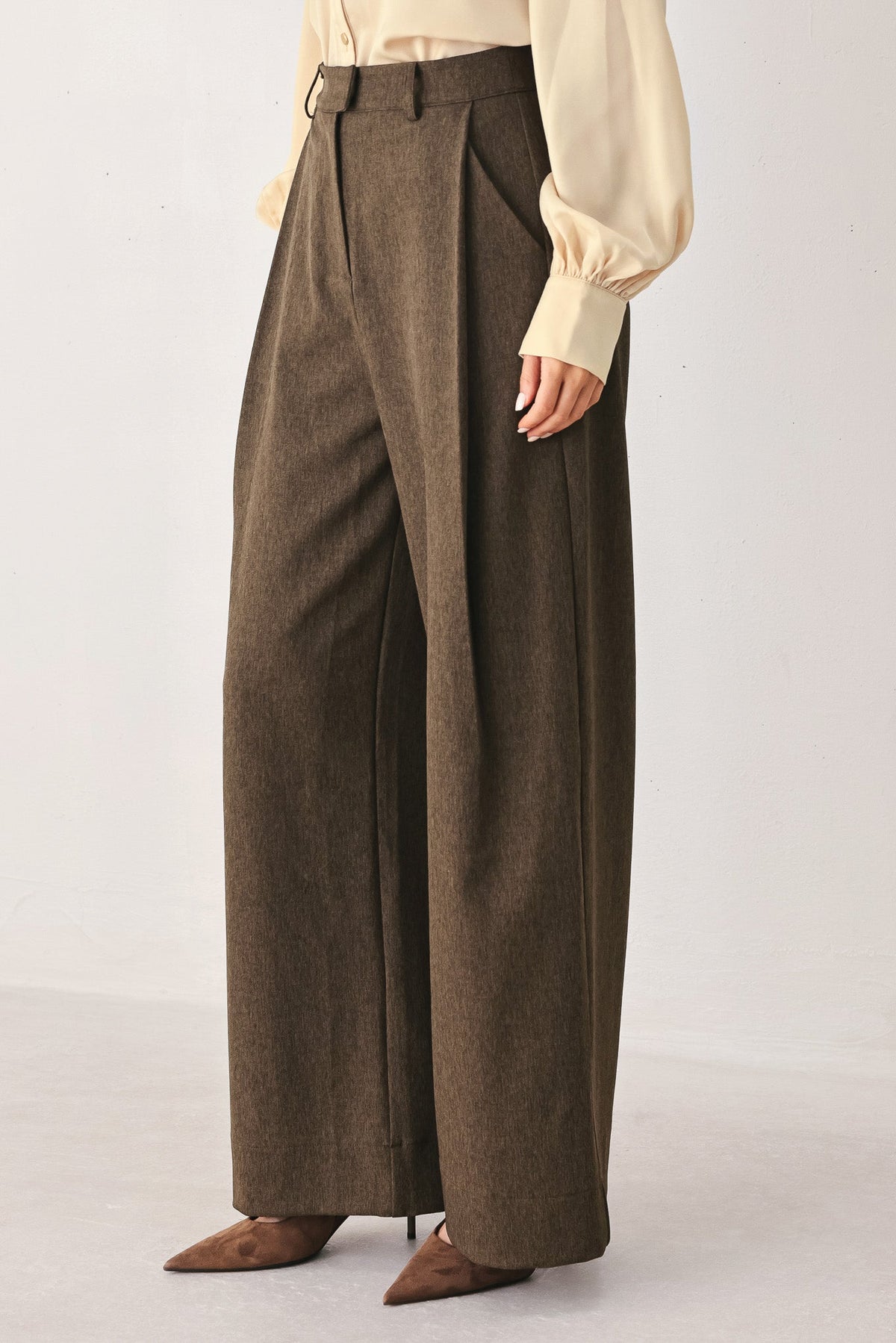 Flying Tomato Bistro Brown woven wide-leg pants with a relaxed fit, featuring a textured fabric and wide-leg silhouette.
