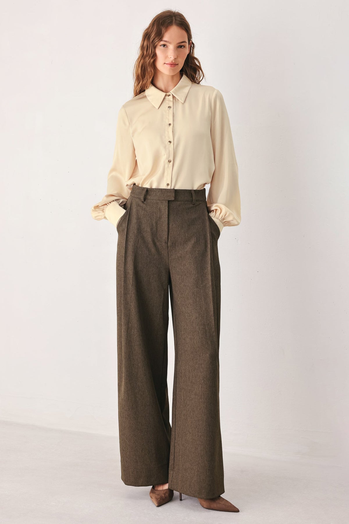 Flying Tomato Bistro Brown Woven Wide Leg Pants, lightweight and stylish with a relaxed fit, shown in a natural woven fabric.