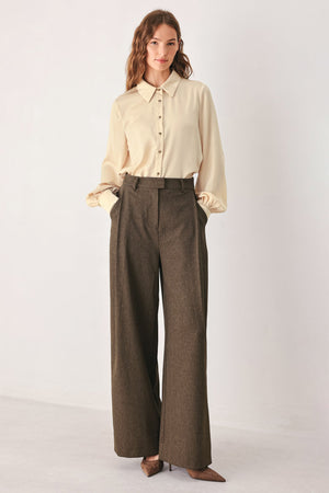 Flying Tomato Bistro Brown Woven Wide Leg Pants, lightweight and stylish with a relaxed fit, shown in a natural woven fabric.