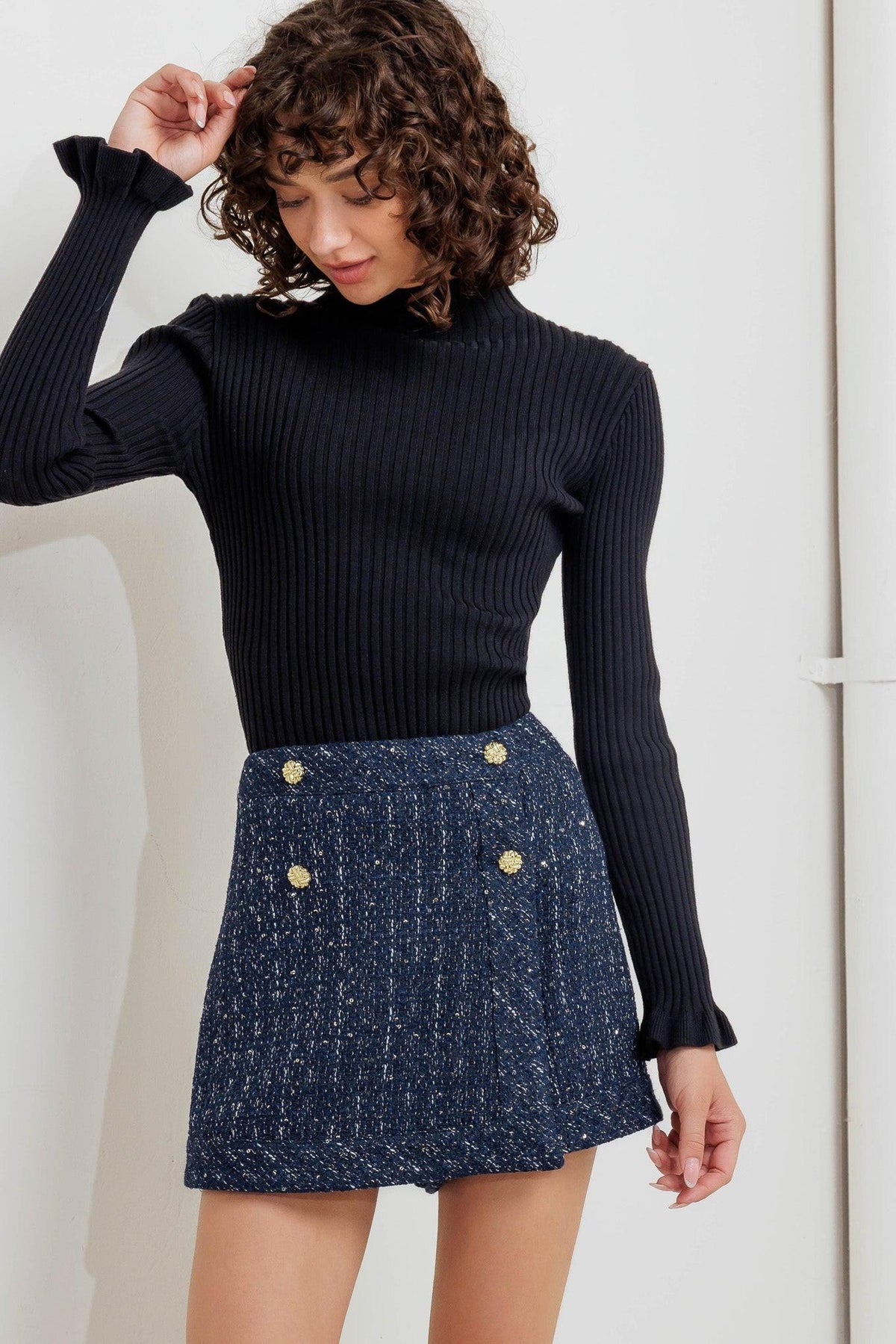 Flying Tomato Parisian Navy Tweed Skort, stylish navy tweed shorts with a structured design and tailored fit.