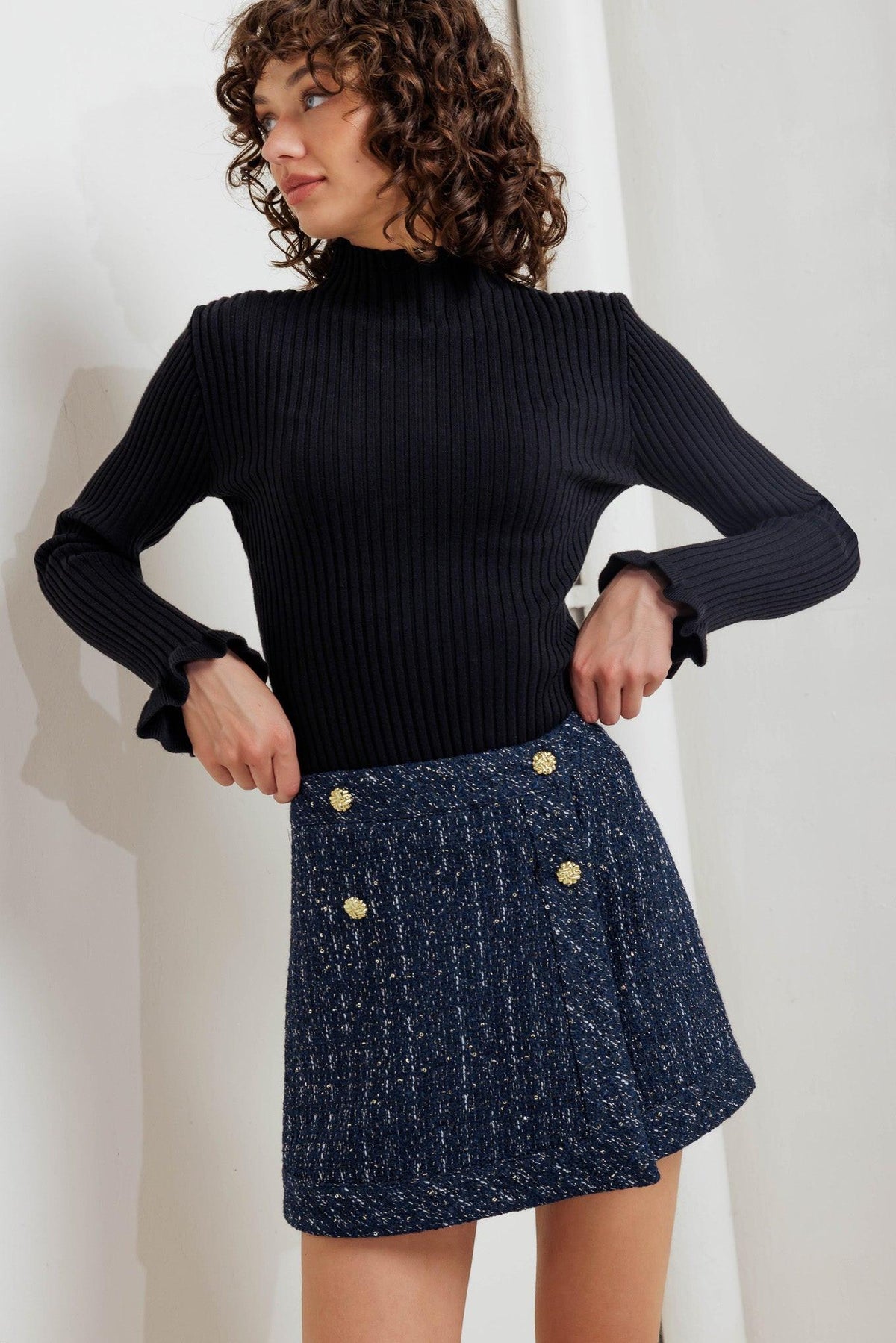Flying Tomato Parisian Navy Tweed Skort shorts with a tailored fit, featuring navy tweed fabric and a stylish, modern design.