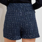 Flying Tomato Parisian Navy Tweed Skort shorts, stylish navy tweed fabric with a fitted waist and layered skirt design.