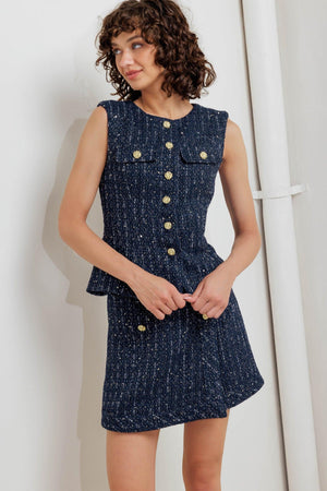 Flying Tomato Parisian Navy Tweed Skort, navy tweed shorts with a tailored design, back and front details visible in the image.