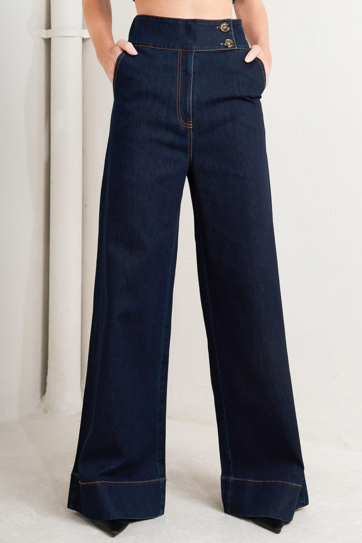 Flying Tomato Euro City denim pants with classic blue jeans, front pockets, belt loops, and a relaxed fit.