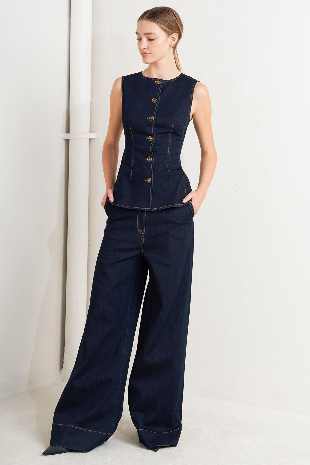 Flying Tomato Euro City denim pants showing slim fit design, classic blue denim fabric, and front pockets.
