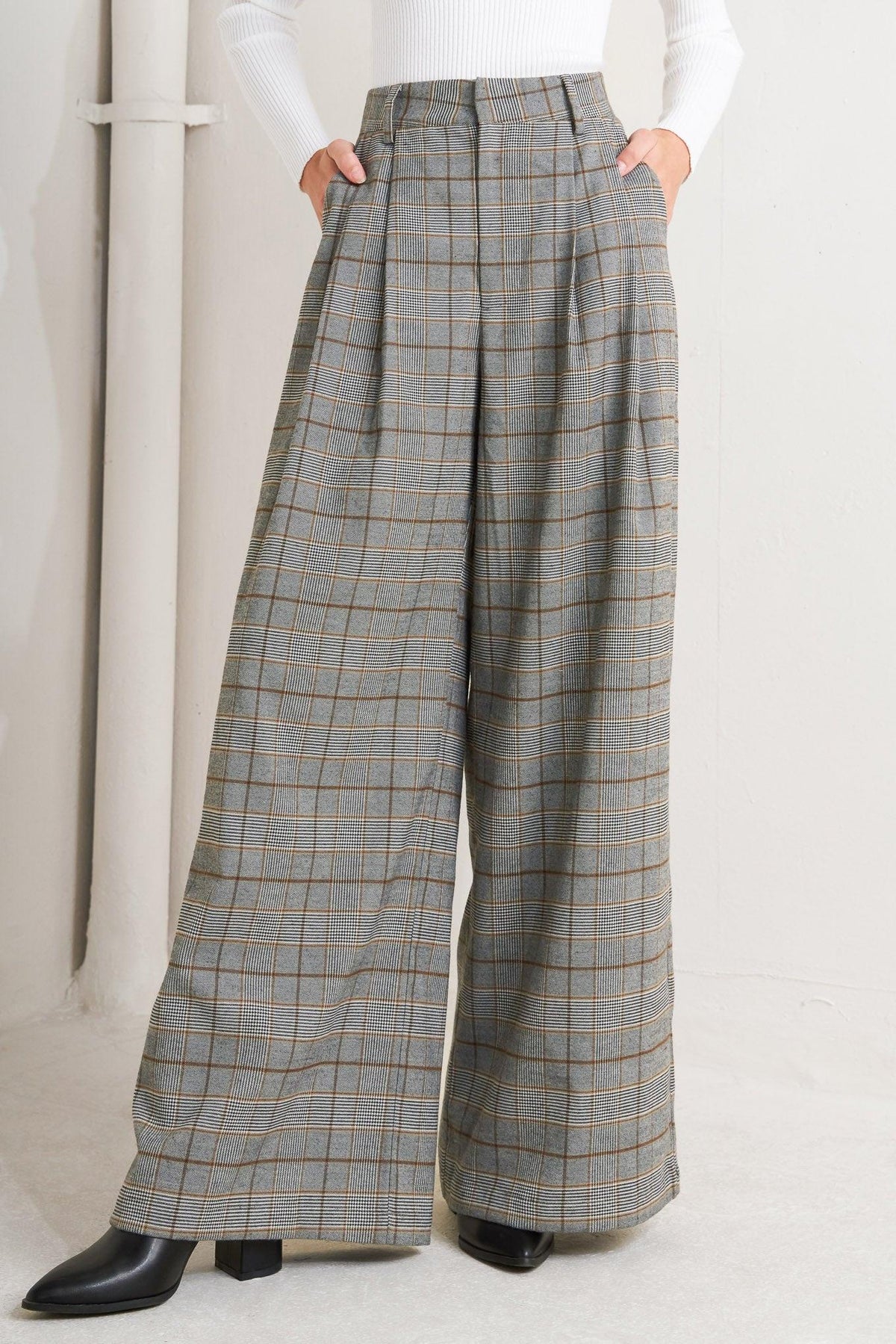 Flying Tomato woven plaid pants in brown and black, stylish casual pants with a woven fabric design.
