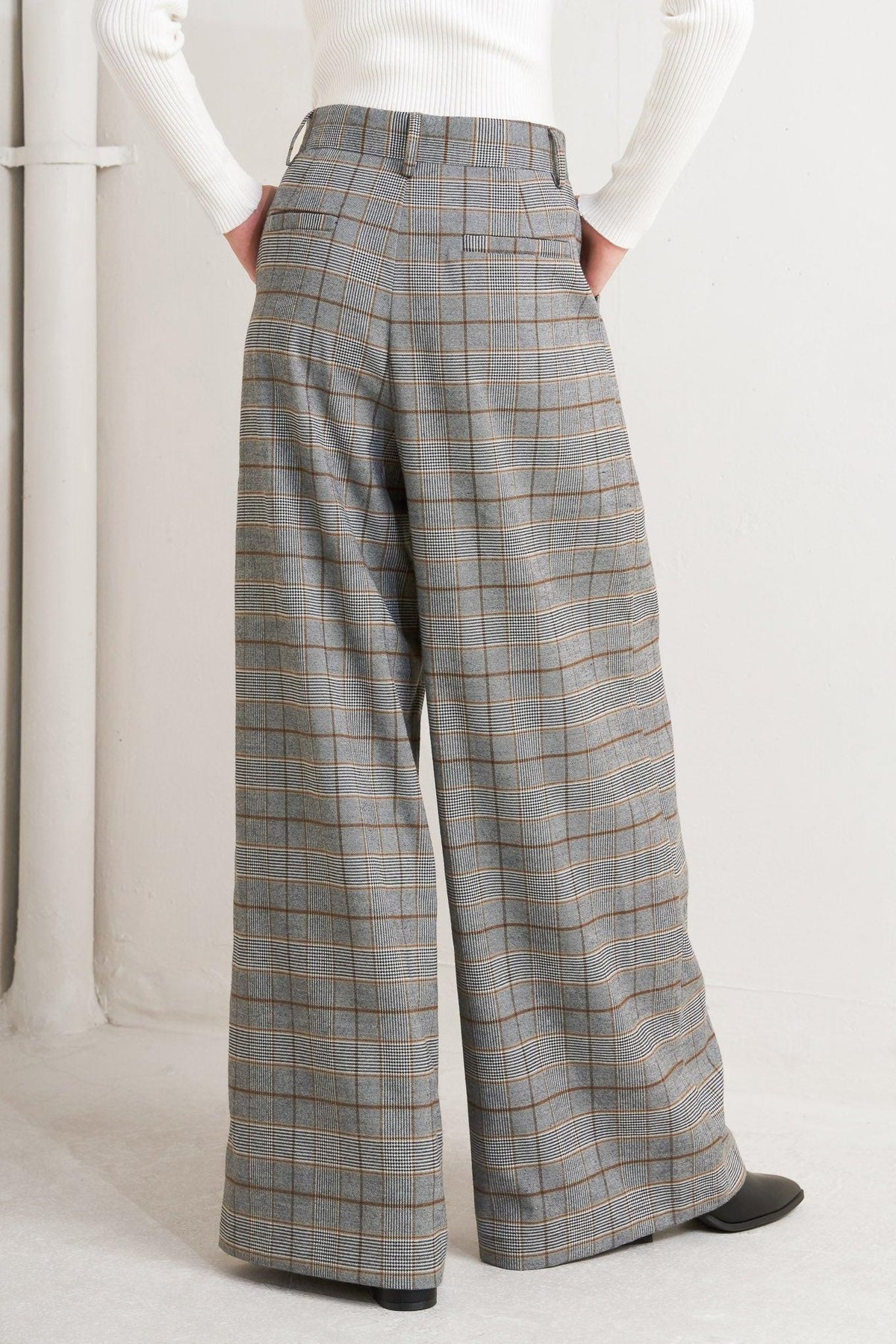 Flying Tomato New Age Woven Plaid Pants in brown and black, showing a stylish, woven fabric design with a relaxed fit.