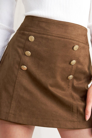 Flying Tomato Heritage Utility Faux Suede Skort in brown, casual shorts featuring a front button and utility pockets.