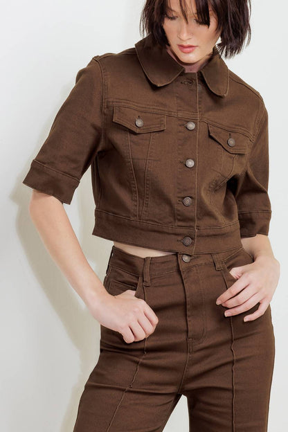 Flying Tomato Vineyard Chic Twill Pants in brown, casual fit with a tailored look, shown on a model.