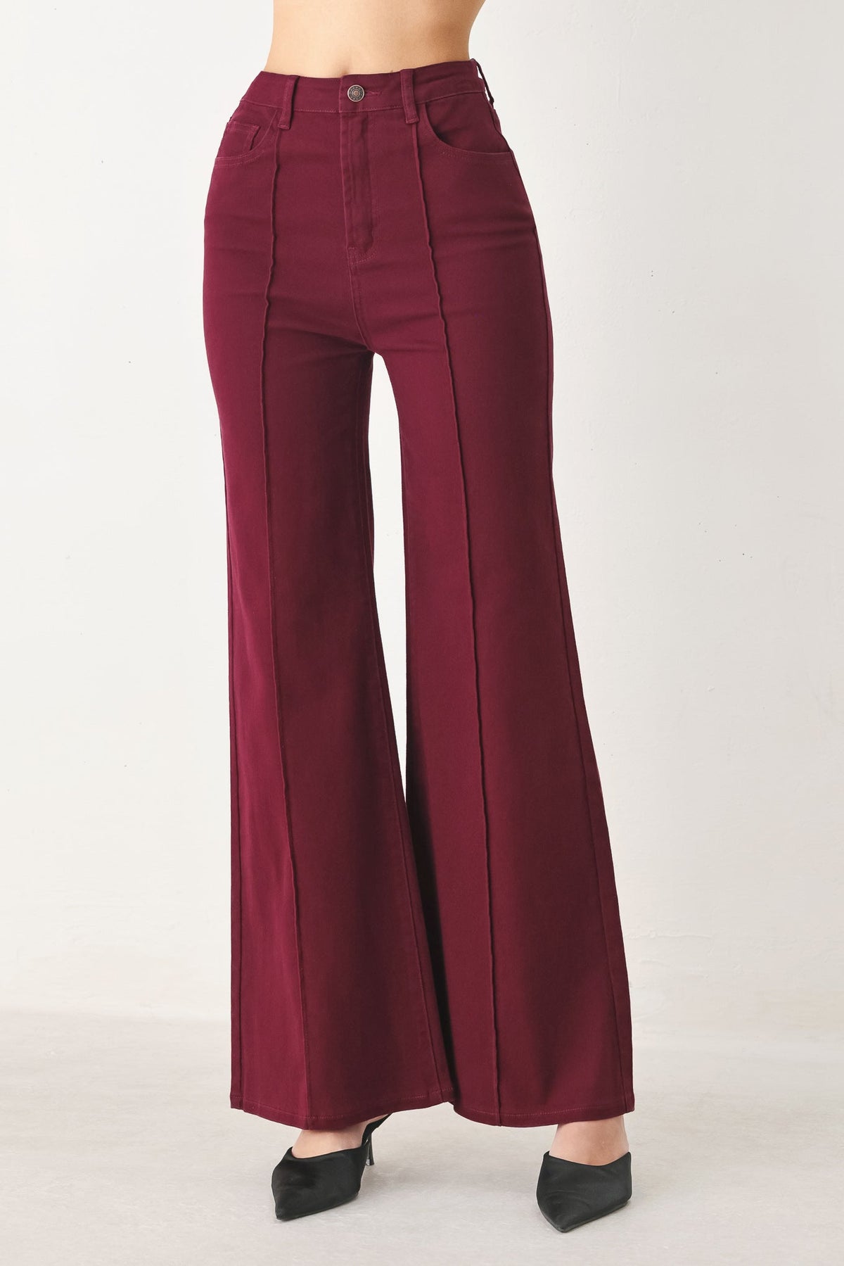 Flying Tomato Vineyard Chic Twill Pants in burgundy, showing the slim-fit design and front pockets on a model.