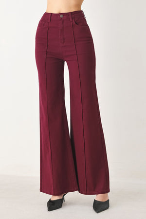Flying Tomato Vineyard Chic Twill Pants in burgundy, showing the slim-fit design and front pockets on a model.