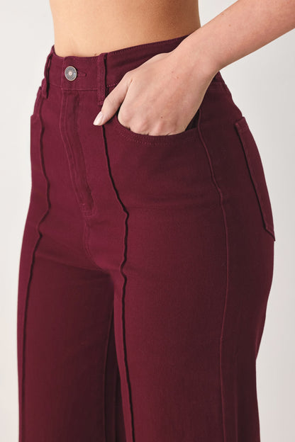 Flying Tomato Vineyard Chic Twill Pants in burgundy, showing a close-up of the stylish twill fabric and tailored fit.