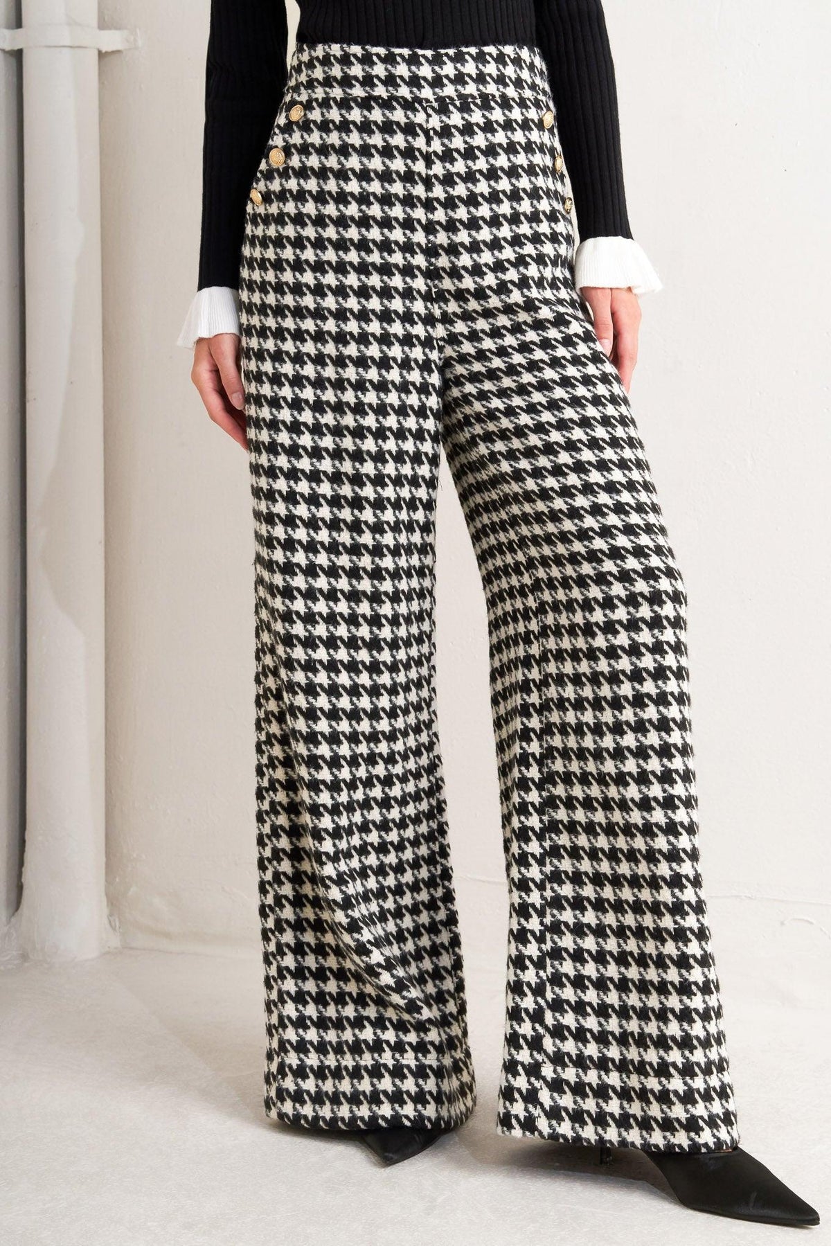 Flying Tomato Metro Icon woven houndstooth pants in black and white, showing the tailored fit and classic pattern.