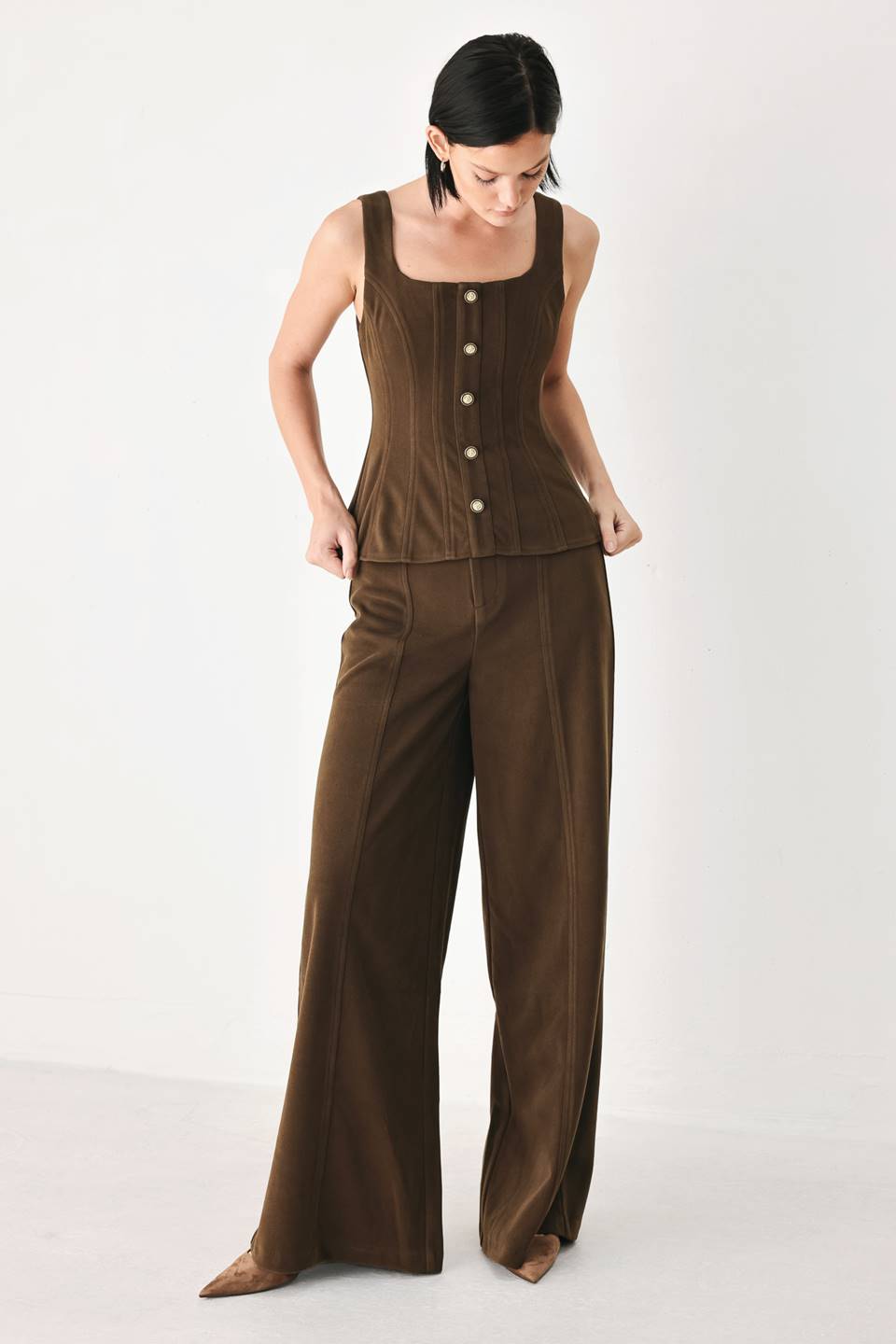 Flying Tomato Cocoa After Hours wide leg pants in brown, showing relaxed fit and flowy fabric.