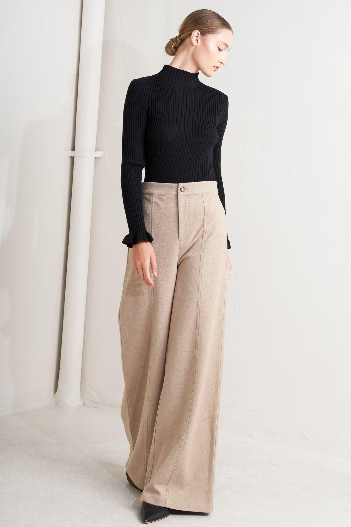 Flying Tomato modern mocha knit pants featuring a stylish, fitted design with a comfortable waistband and full-length legs.