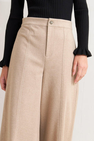 Flying Tomato modern mocha knit pants featuring a stylish corset-inspired design, shown in a close-up view.