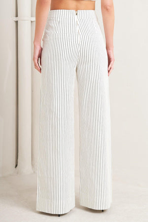 Flying Tomato Effortless Form Stripe Woven Pants in white with blue stripe detail, casual fit, and woven fabric.