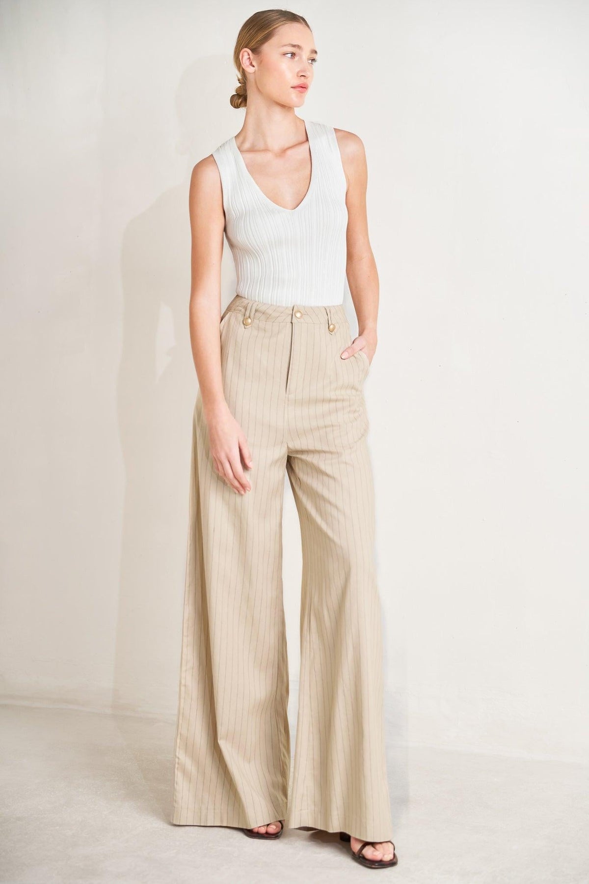Flying Tomato woven pants in taupe and black from The Boardroom Edit collection, featuring a tailored fit and stylish design.