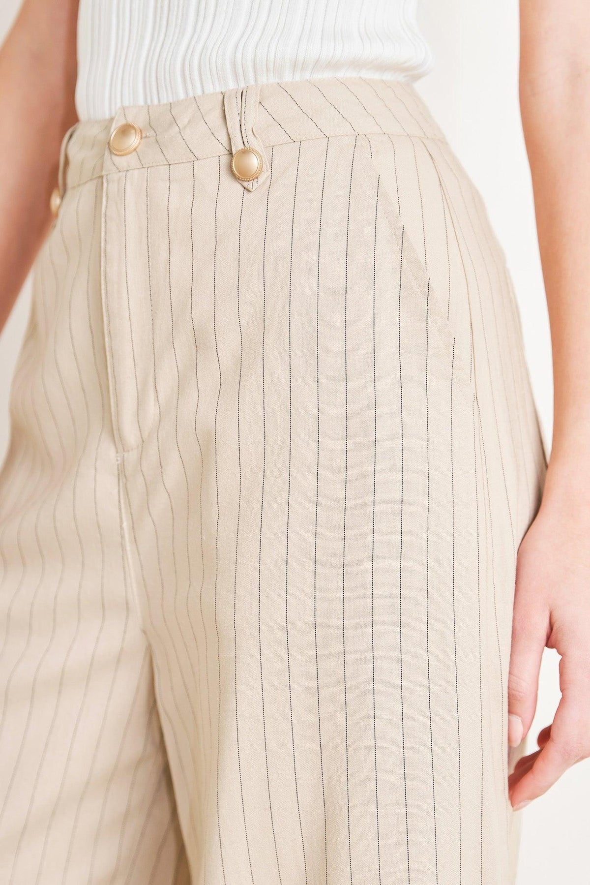Flying Tomato woven pants in taupe and black, tailored for a professional look, with a sleek, structured design.