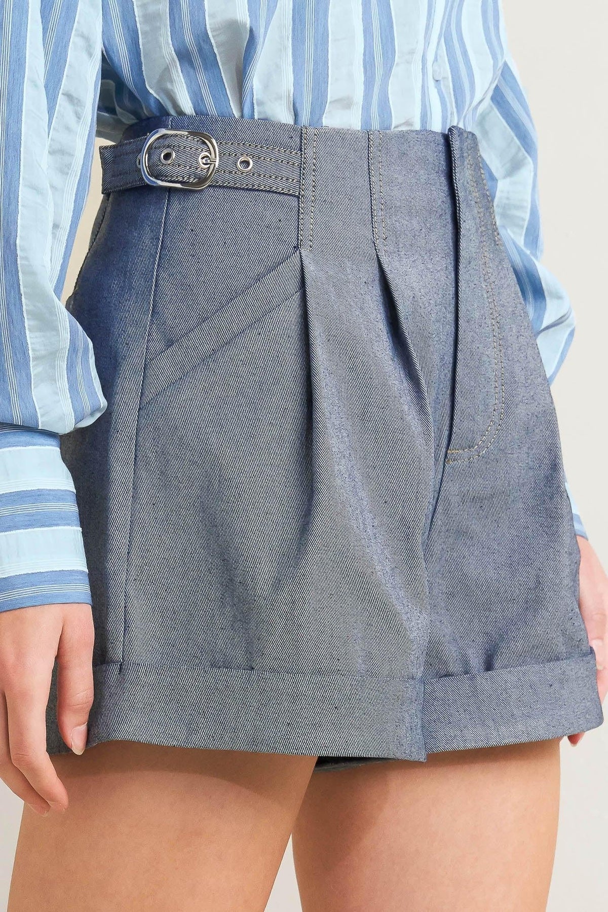 Flying Tomato confidently cool tailored woven shorts in light indigo with a tailored fit and woven fabric, casual summer style.