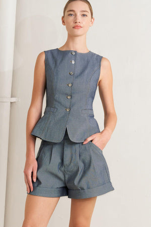 Flying Tomato confidently cool tailored woven shorts in light indigo, featuring a relaxed fit and detailed stitching.