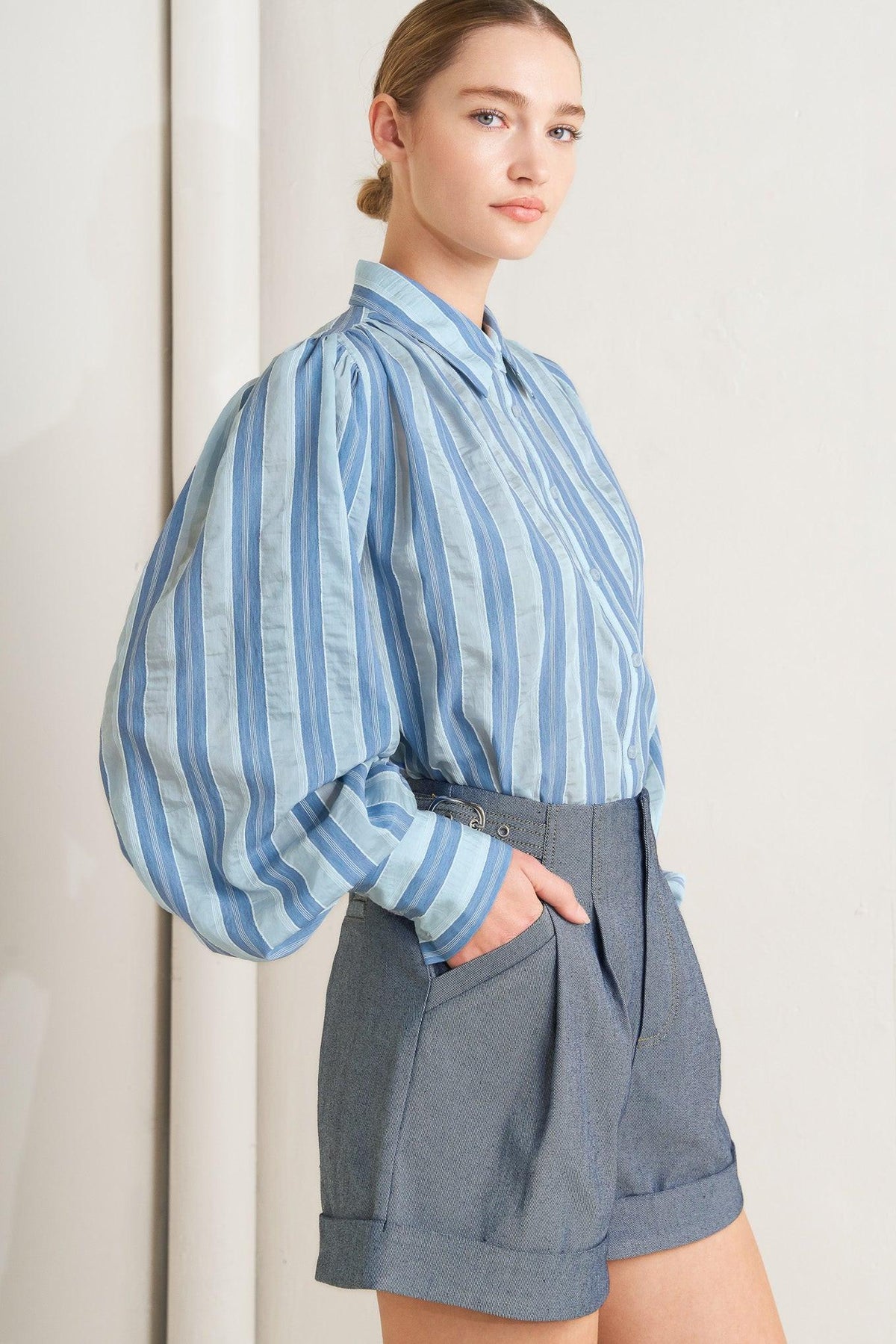 Flying Tomato confidently cool tailored woven shorts in light indigo with a relaxed fit and stylish design.