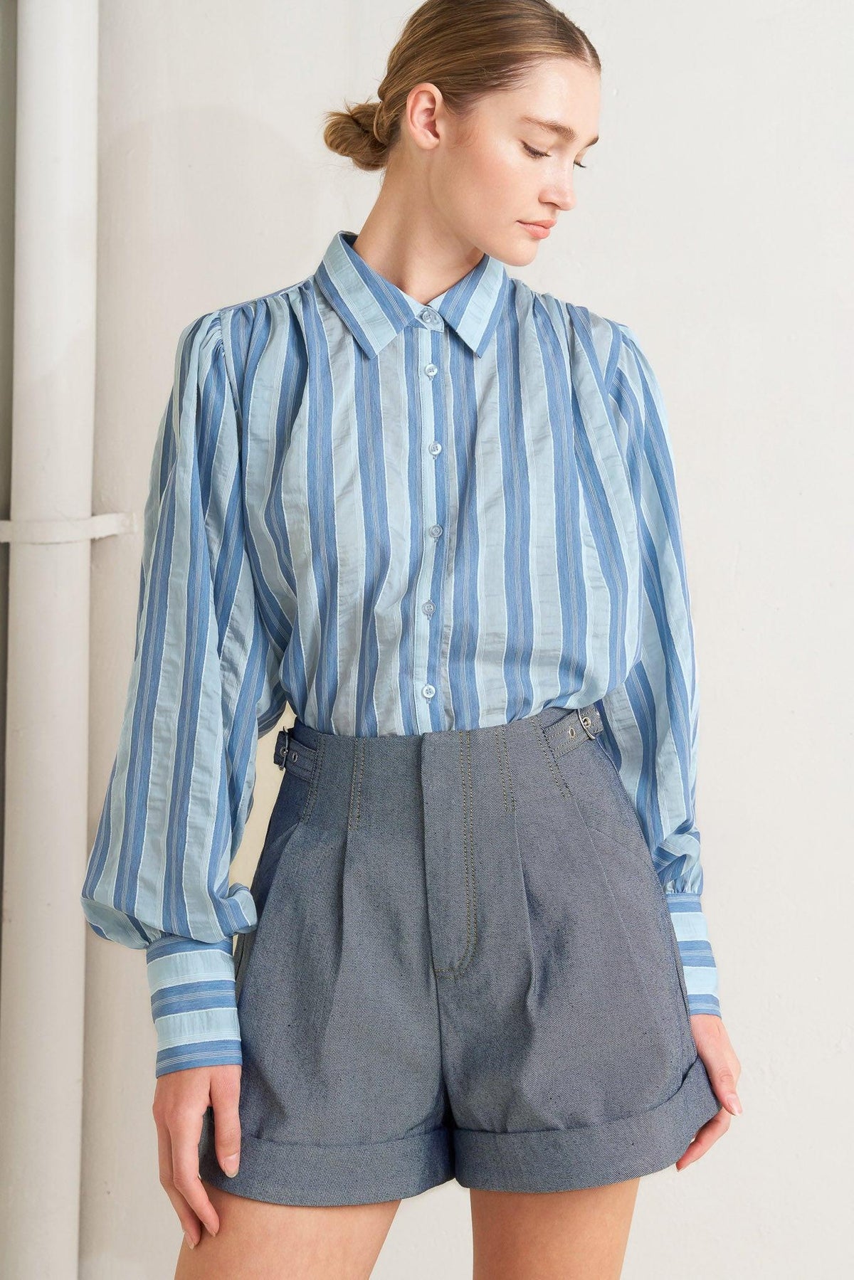 Flying Tomato confidently cool tailored woven shorts in light indigo, featuring a fitted design and casual style.
