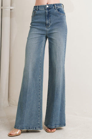 Flying Tomato washed denim pants in medium denim, showcasing classic straight-leg fit and detailed stitching.