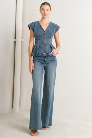 Flying Tomato washed denim pants with a medium blue wash, classic fit, and visible stitching.