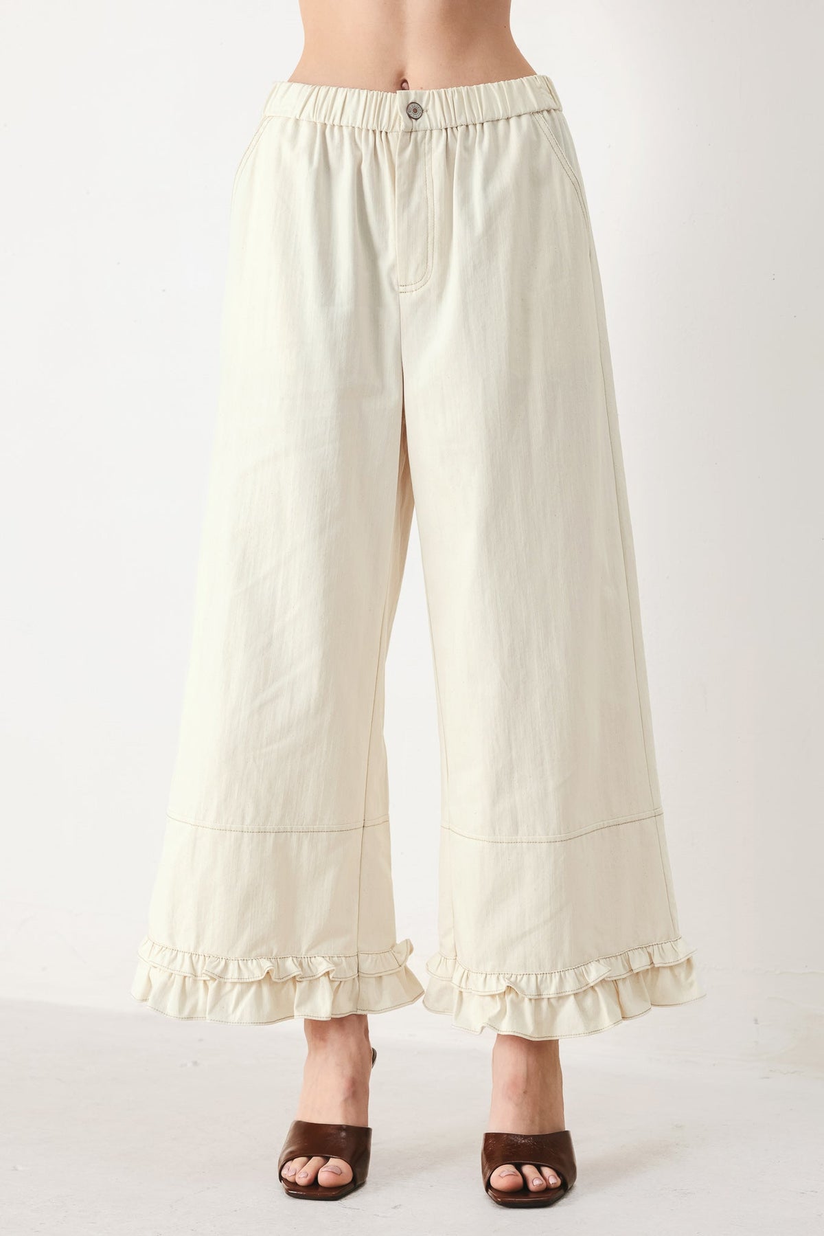 Flying Tomato Sunday Soft Flow woven culotte pants in oatmeal, lightweight and comfortable with a relaxed fit.