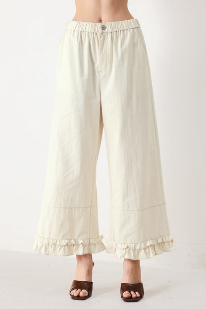 Flying Tomato Sunday Soft Flow woven culotte pants in oatmeal, lightweight and comfortable with a relaxed fit.