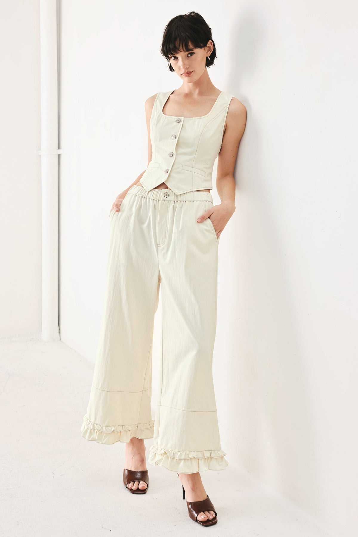 Flying Tomato Sunday Soft Flow woven culotte pants in oatmeal, lightweight and comfortable with a relaxed fit.