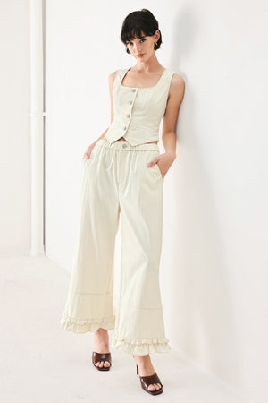 Flying Tomato Sunday Soft Flow woven culotte pants in oatmeal, lightweight and comfortable with a relaxed fit.