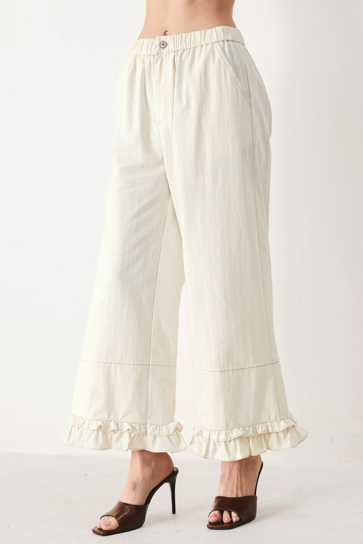 Flying Tomato Sunday Soft Flow woven culotte pants in oatmeal color, featuring a relaxed fit and lightweight fabric.