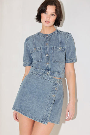 Flying Tomato STREET MUSE denim skort, casual short skirt with denim fabric and front pockets, perfect for everyday wear.