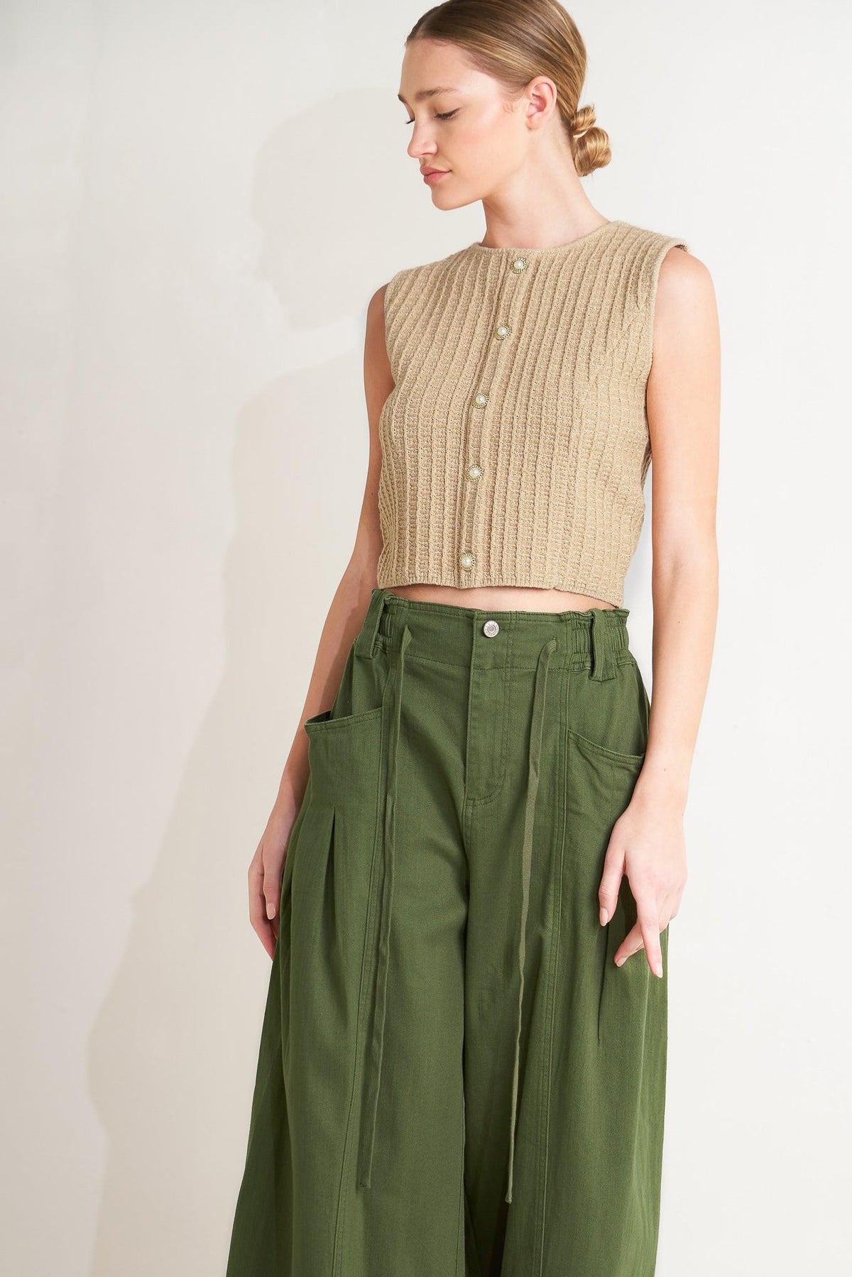 Flying Tomato Daylight Groove Woven Pants in olive color, showcasing relaxed fit and woven fabric details.