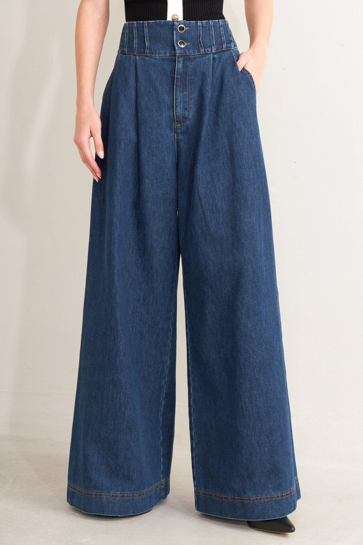 Flying Tomato Ocean Drive wide denim pants in indigo, showcasing relaxed fit and classic five-pocket design.