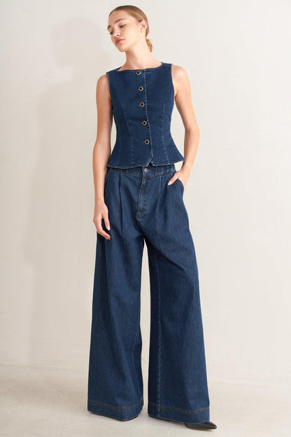 Flying Tomato Ocean Drive wide denim pants in indigo, featuring a relaxed fit and classic five-pocket design.