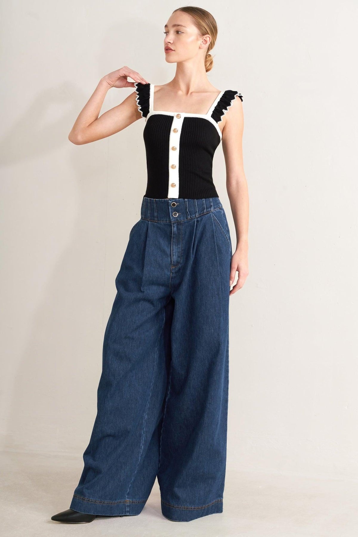 Flying Tomato Ocean Drive wide denim pants in indigo, featuring a relaxed fit and classic five-pocket style.