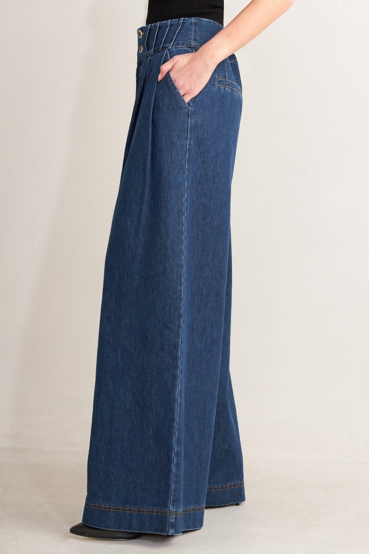 Flying Tomato Ocean Drive wide denim pants in indigo, showing the relaxed fit and stylish design of these casual trousers.