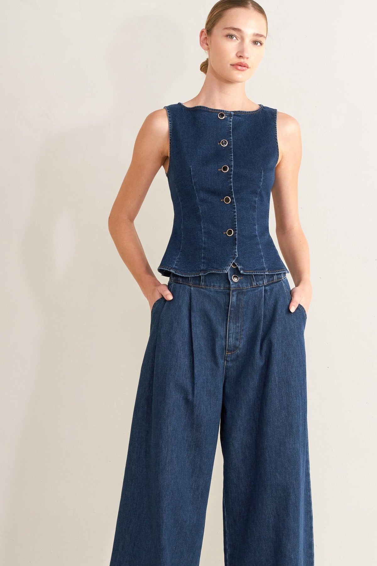 Flying Tomato Ocean Drive wide denim pants in indigo, featuring a relaxed fit and modern style.