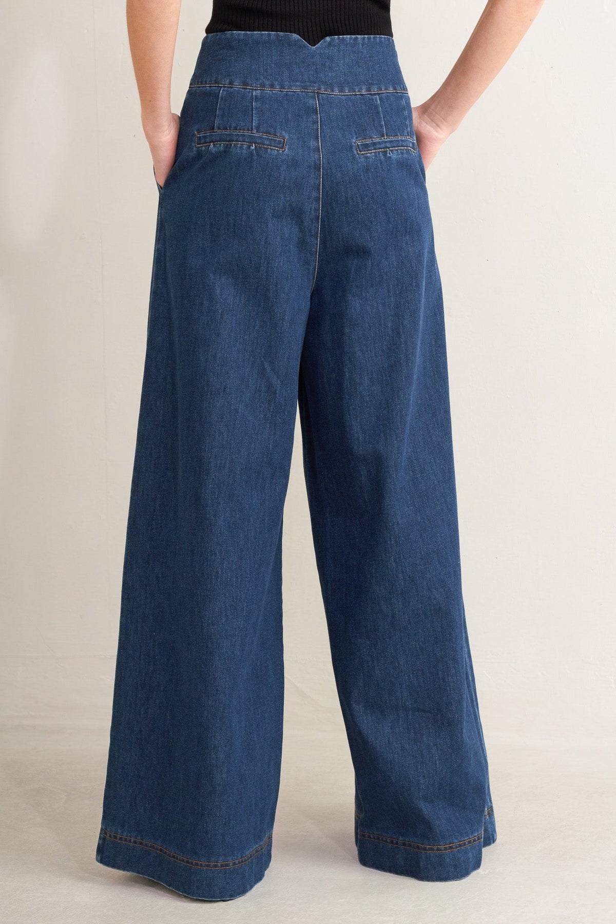 Flying Tomato Ocean Drive wide denim pants in indigo, showing relaxed fit and classic jean style with visible stitching and pockets.