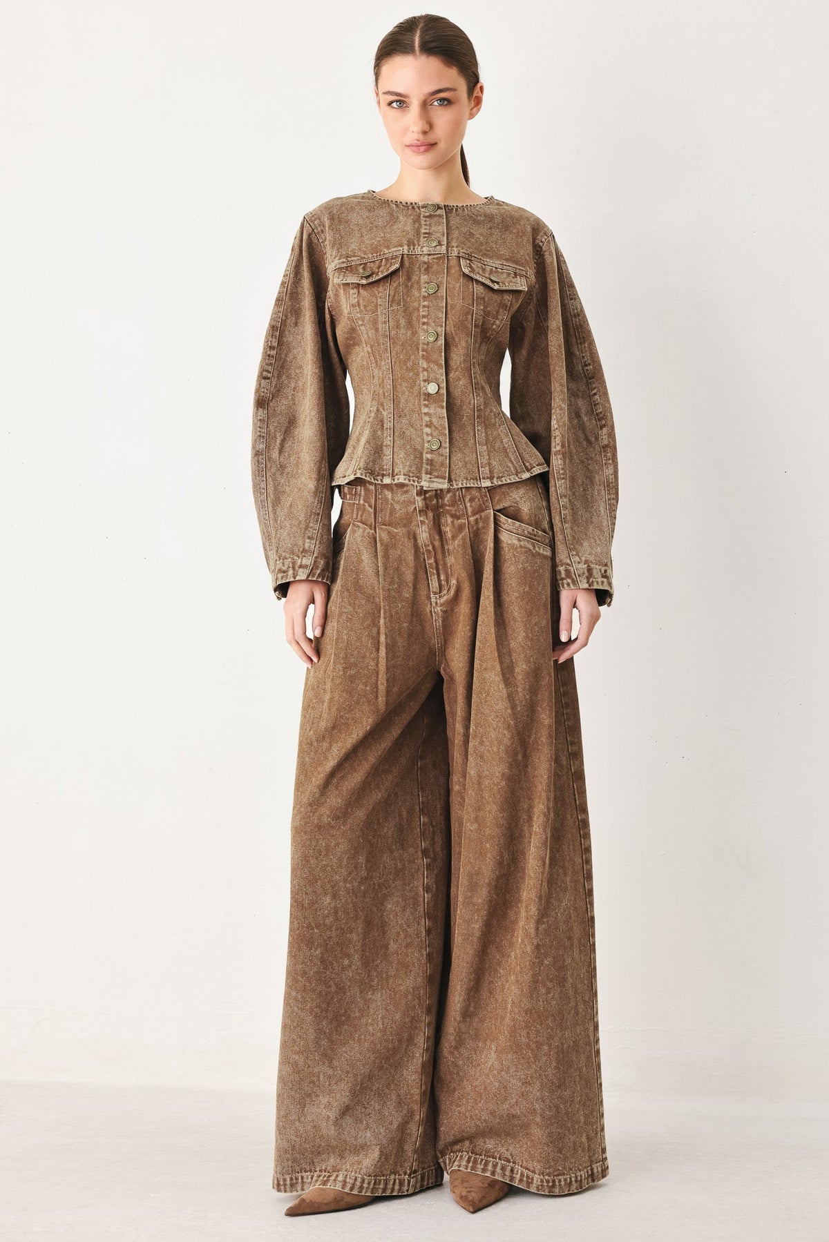 Vintage brown denim pants by Flying Tomato, casual style with classic denim texture and relaxed fit.