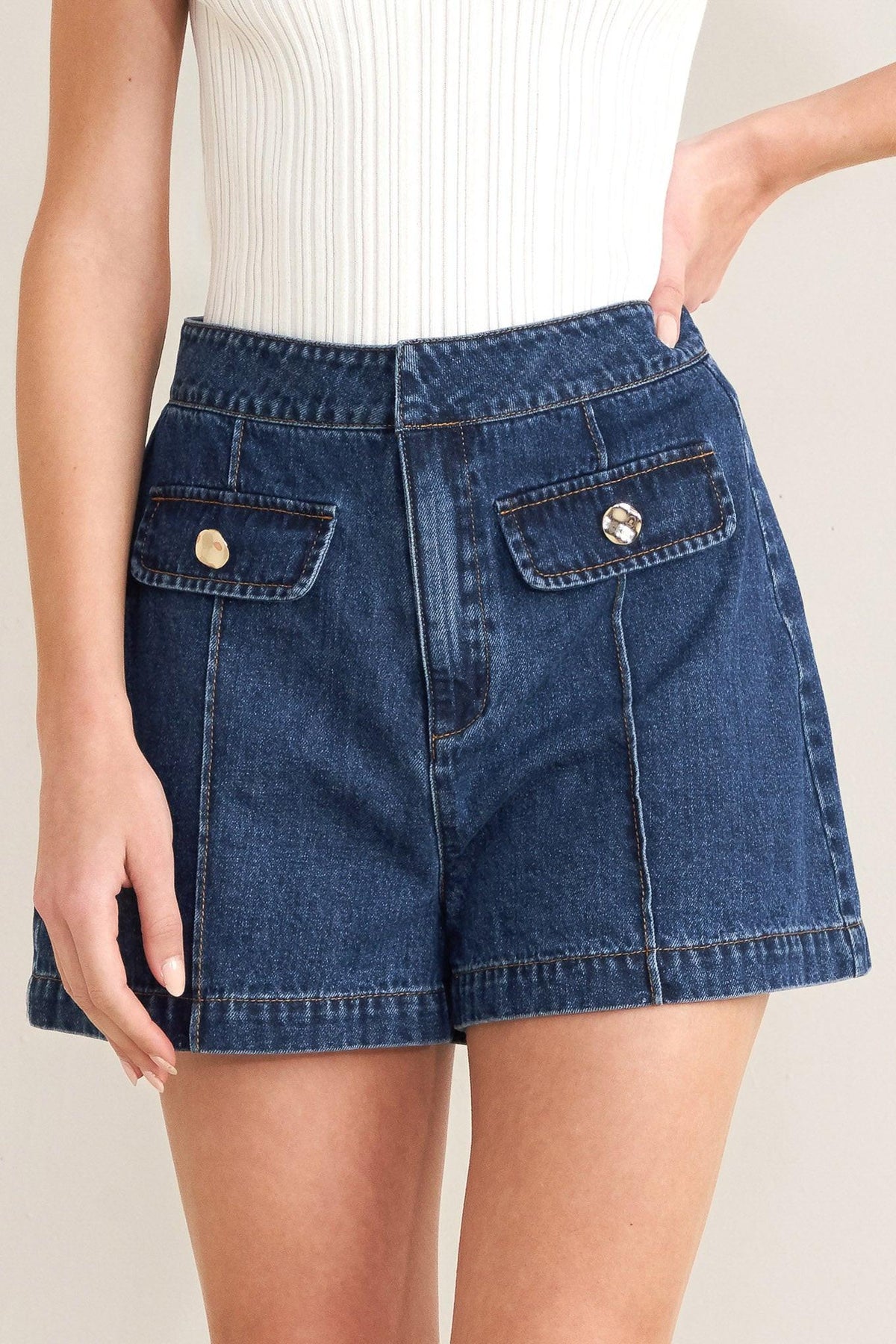 Flying Tomato Forever Stylish denim shorts in indigo denim with a casual fit and frayed hem, perfect for summer wear.