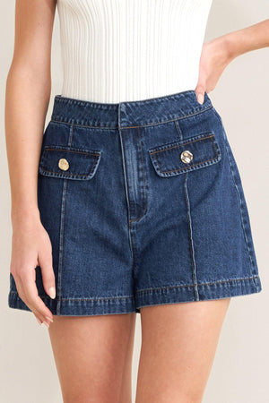 Flying Tomato Forever Stylish denim shorts in indigo denim with a casual fit and frayed hem, perfect for summer wear.