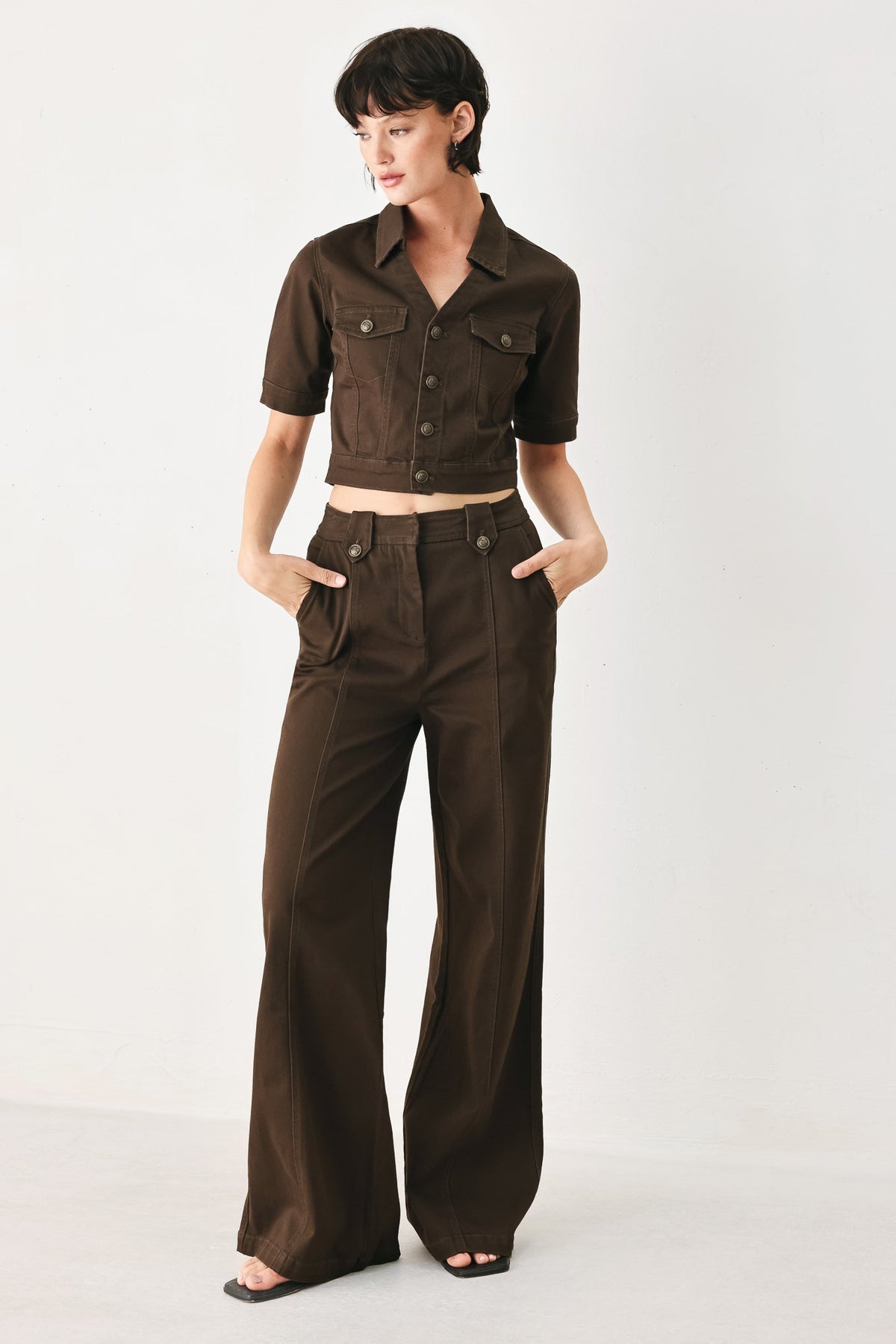 Flying Tomato Cowgirl After Dark woven pants in brown with a relaxed fit and intricate woven pattern.