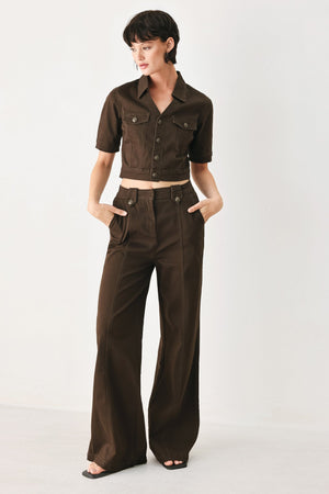 Flying Tomato Cowgirl After Dark woven pants in brown with a relaxed fit and intricate woven pattern.