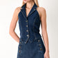 Flying Tomato Run the City denim skort in indigo, featuring a stylish front and back view with belt loops and side pockets.