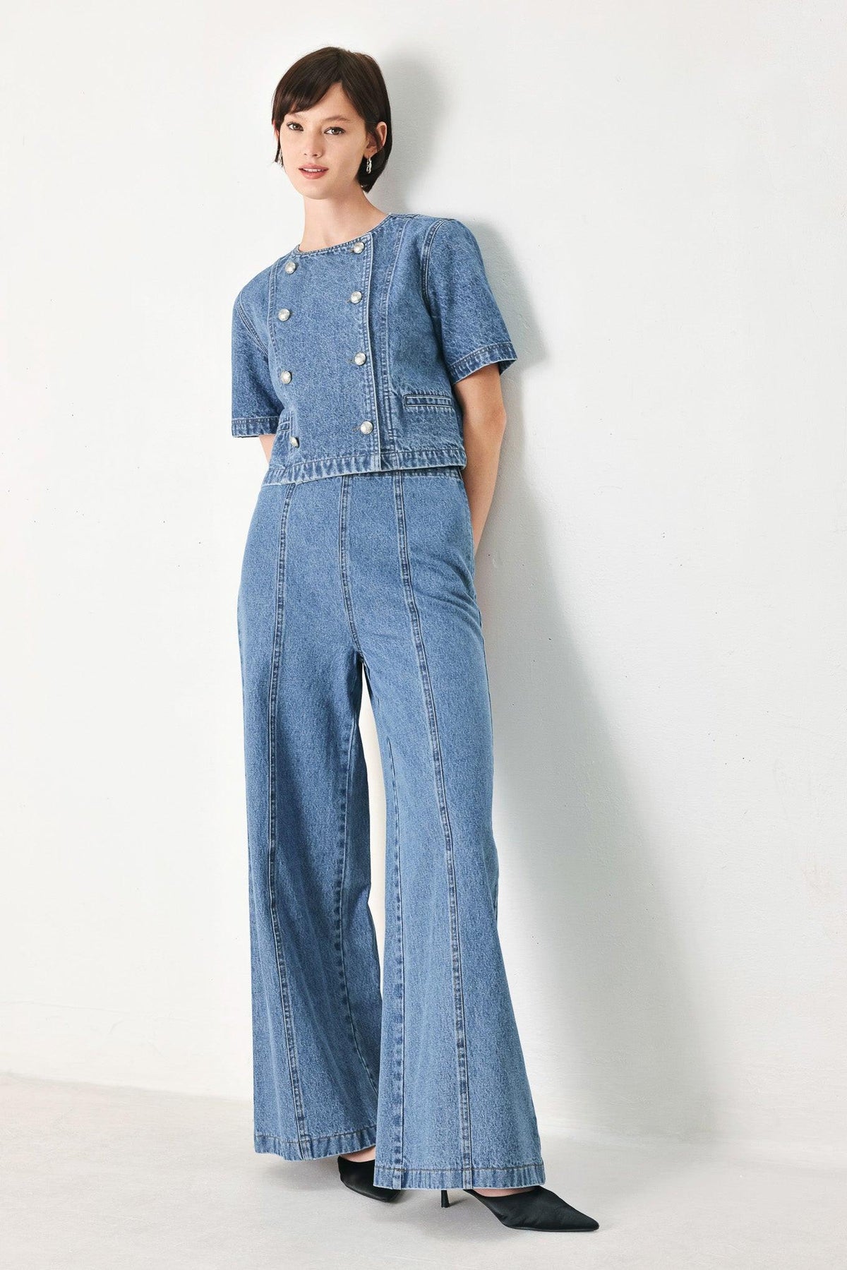 Flying Tomato CITY ARMOR denim pants in indigo, casual pants with classic denim style, front view showing fit and stitching details.